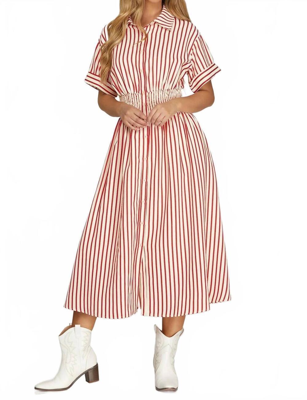 NEW SHE + SKY striped woven midi shirt dress in red